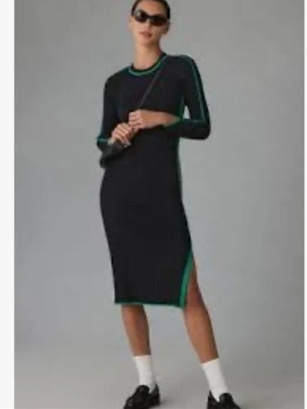 Daily Practice Anthropologie Ribbed Black Midi Dress with Green Stripe Trim Sm